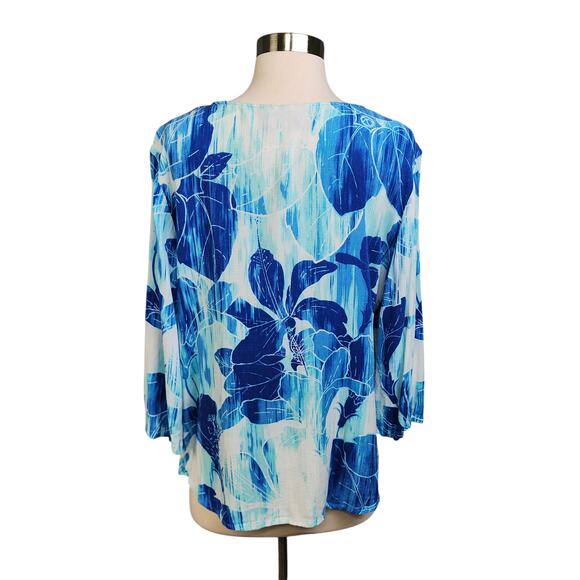 Chicos Womens Tropical Print Blouse Size Large Blue White Split Neck Lightweight - Picture 3 of 10